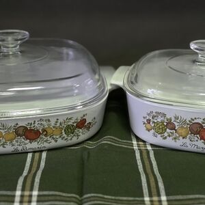 White Glass Casserole Dish with Colorful Vegetable Border
